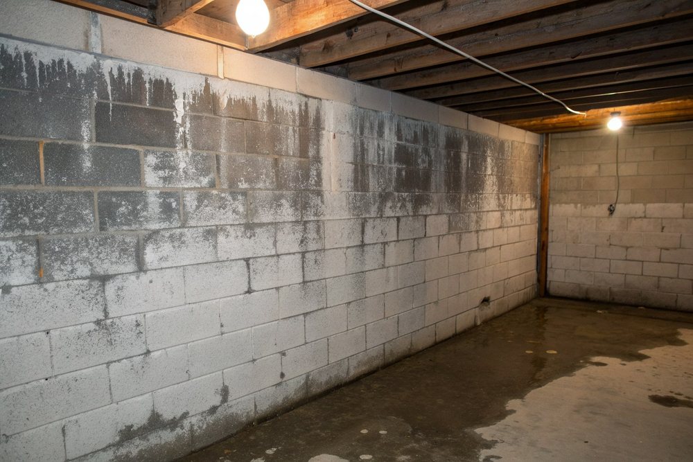Water staining and efflorescence along the bottom courses of a block basement wall