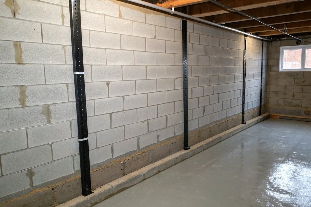 A carbon-fiber reinforcement strap epoxied to a basement wall