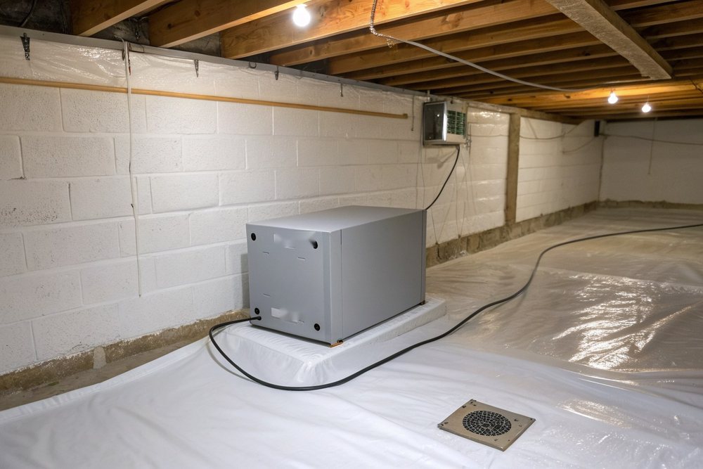 A crawl space dehumidifier set on a sealed liner with its drain line run to a sump