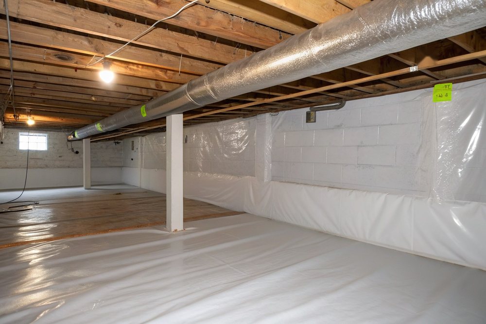 A white vapor barrier sealed across the floor and up the walls of an encapsulated crawl space