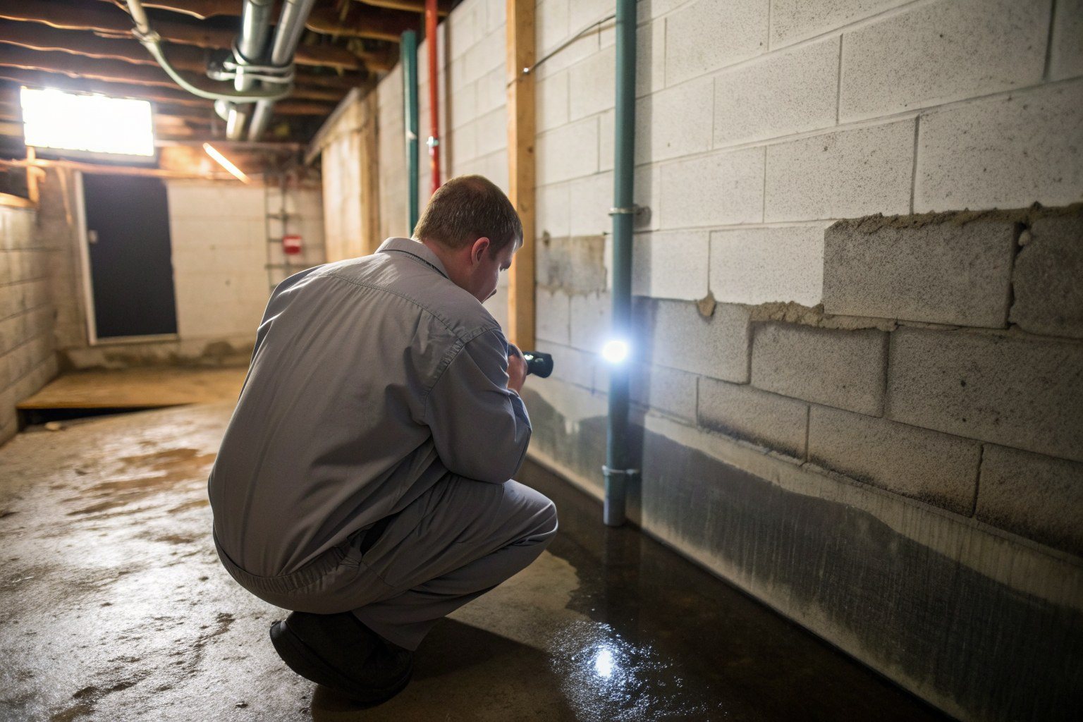 A technician crouched at a basement wall with a flashlight, checking the floor-wall joint for moisture