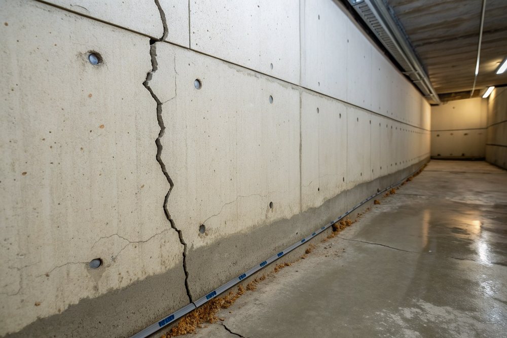 A vertical crack running down a poured concrete basement wall beside a row of form-tie holes, marked for injection
