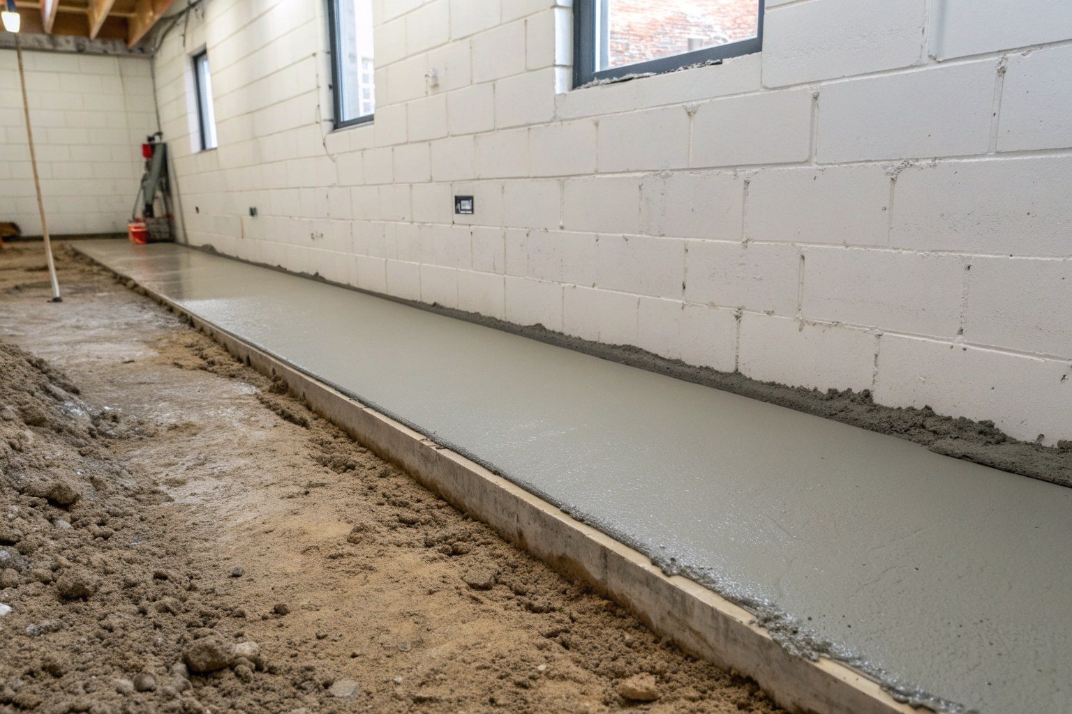 A finished interior drainage channel sealed flush with the basement floor along the wall
