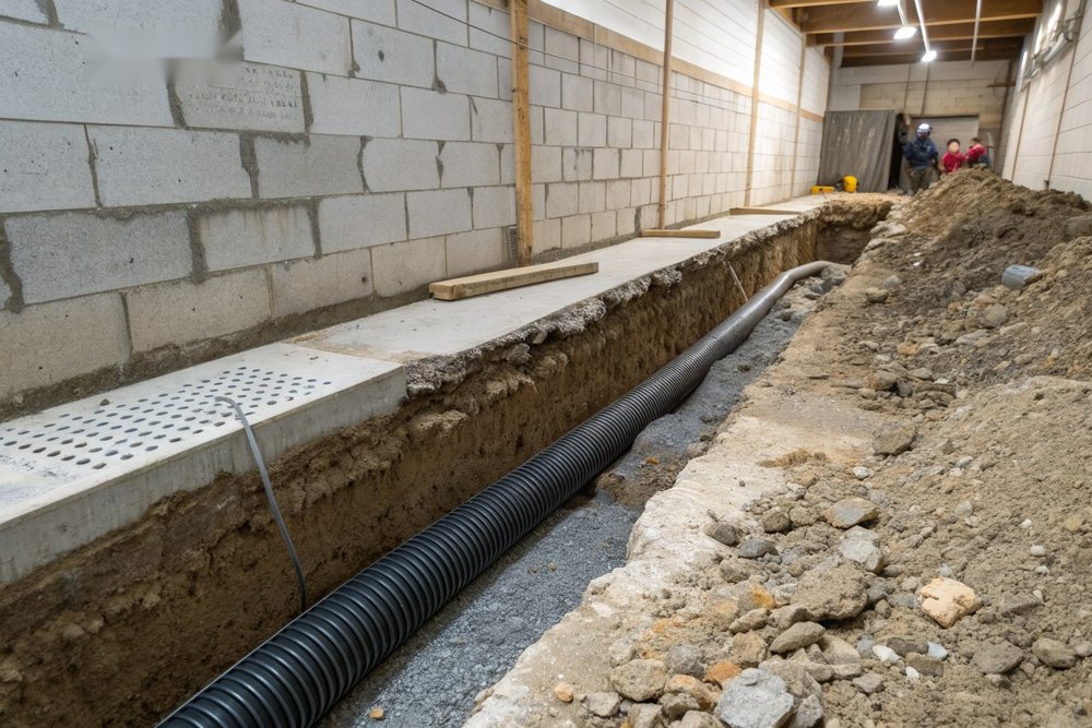 A freshly cut interior drainage channel along the base of a basement wall before the drain tile goes in