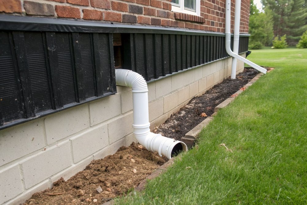 A sump discharge line exiting a foundation wall and running away from the house
