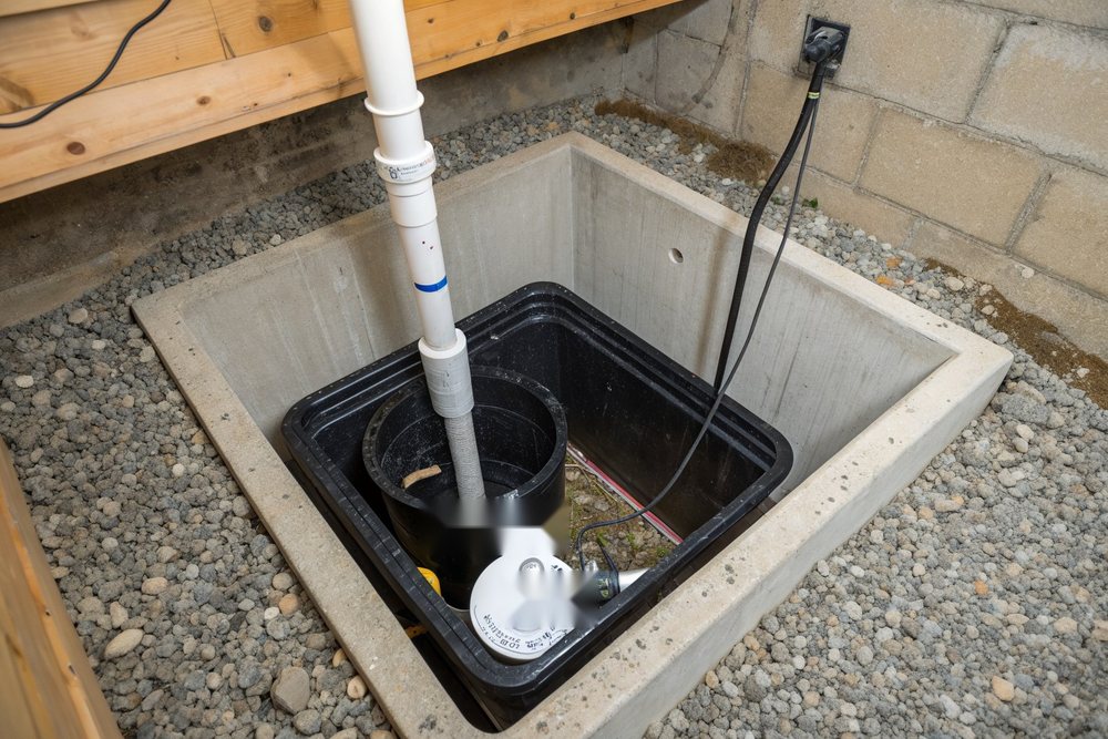 A sump pump seated in a new basin with the discharge line and check valve fitted