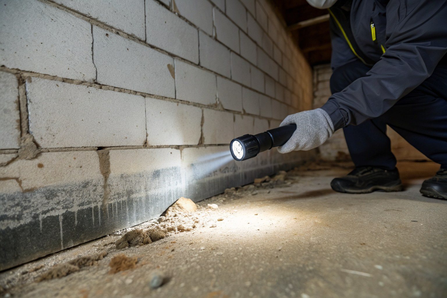 A technician with a flashlight examining the base of a block basement wall for seepage