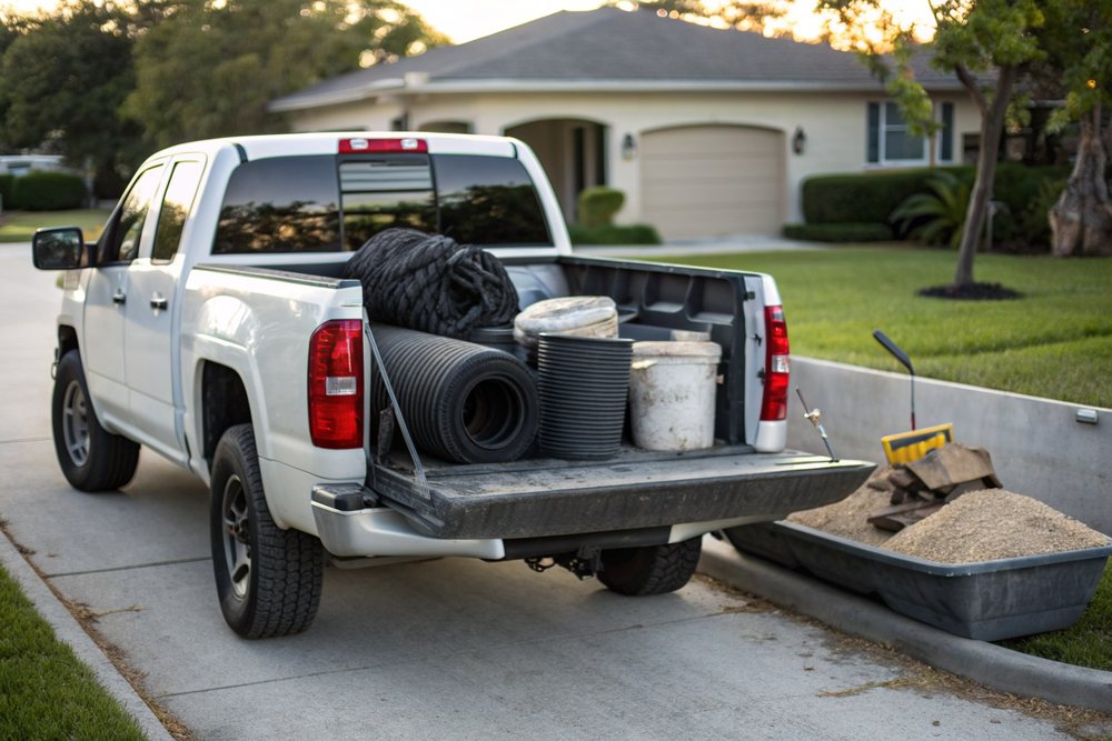 Drain tile, gravel and tools laid out beside a work truck before a basement job