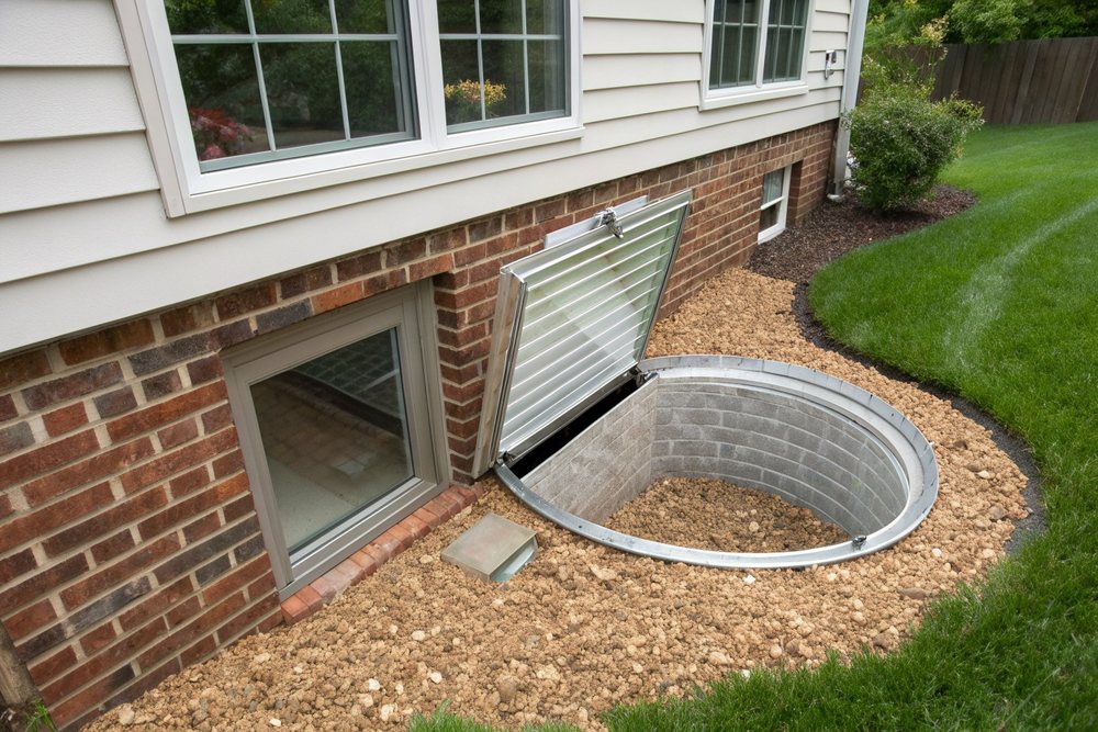 A basement window well with a gravel drain and cover installed
